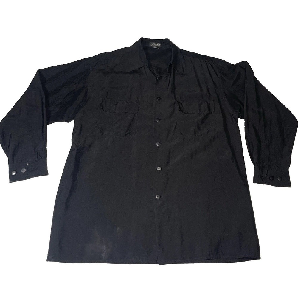 BERNINI - BEVERLY HILLS 100% Silk Mens Long Sleeve Button Down Black Shirt